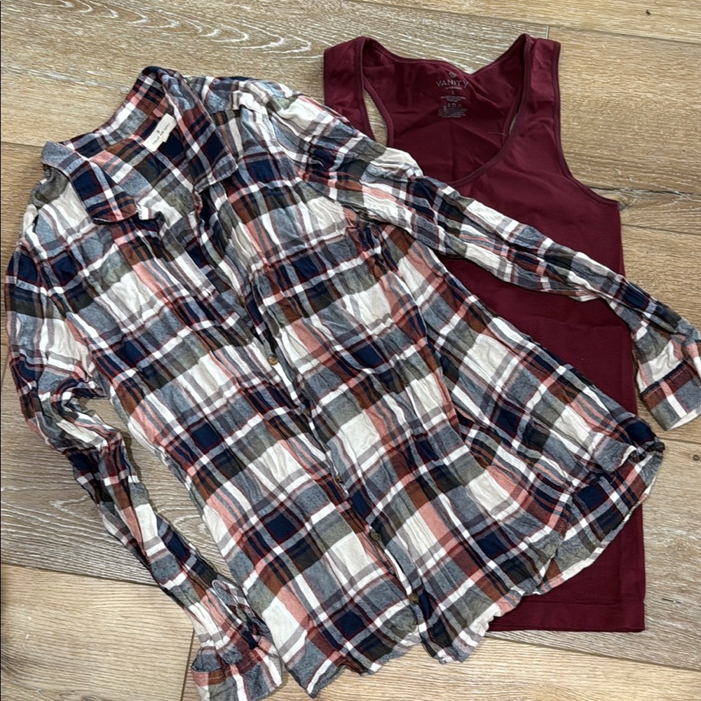 Plaid Button-Up Shirt and Burgundy Tank Top Set